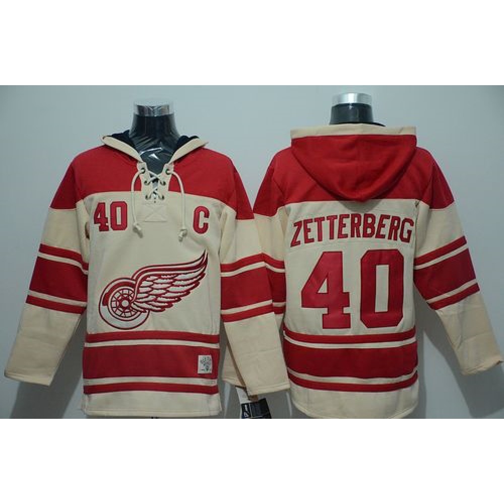 Red Wings #40 Henrik Zetterberg Cream Sawyer Hooded Sweatshirt Stitched NHL Jersey