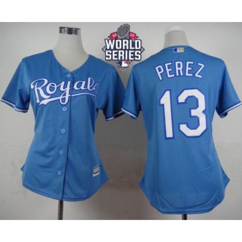 Royals #13 Salvador Perez Light Blue Alternate 1 W/2015 World Series Patch Women's Stitched MLB Jersey