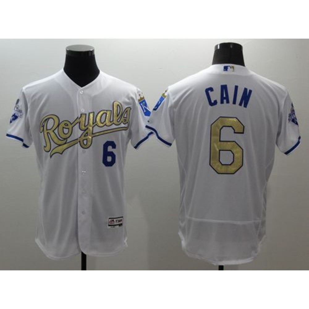 Royals #6 Lorenzo Cain White 2015 World Series Champions Gold Program FlexBase Authentic Stitched MLB Jersey