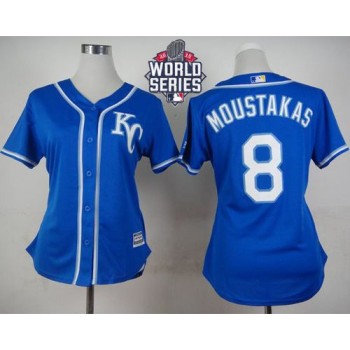 Royals #8 Mike Moustakas Blue Alternate 2 W/2015 World Series Patch Women's Stitched MLB Jersey Royals #8 Mike Moustakas Blue Alternate 2 W/2015 World Series Patch Women's Stitched MLB Jersey