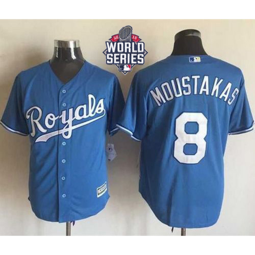 Royals #8 Mike Moustakas Light Blue Alternate 1 New Cool Base W/2015 World Series Patch Stitched MLB Jersey