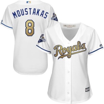 Royals #8 Mike Moustakas White 2015 World Series Champions Gold Program Cool Base Women's Stitched MLB Jersey Royals #8 Mike Moustakas White 2015 World Series Champions Gold Program Cool Base Women's Stitched MLB Jersey