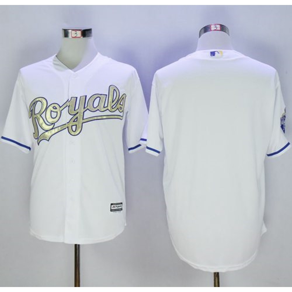 Royals Blank White New Cool Base 2015 World Series Champions Gold Program Stitched MLB Jersey
