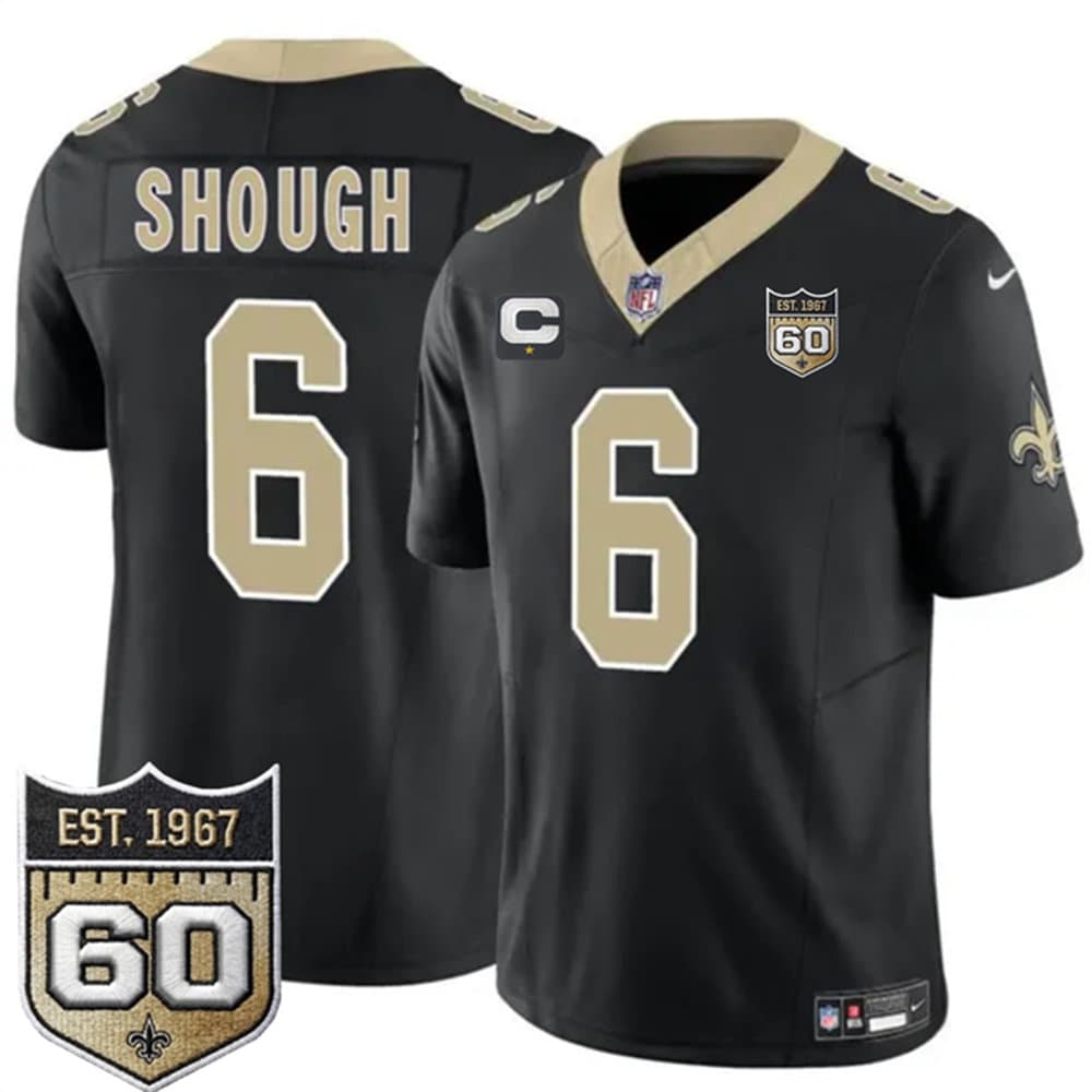 Men's New Orleans Saints #6 Tyler Shough Black 2026 With 1-Star C Patch And 60th Anniversary Patch Vapor F.U.S.E Limited Jersey Men's New Orleans Saints #6 Tyler Shough Black 2026 With 1-Star C Patch And 60th Anniversary Patch Vapor F.U.S.E Limited Jersey