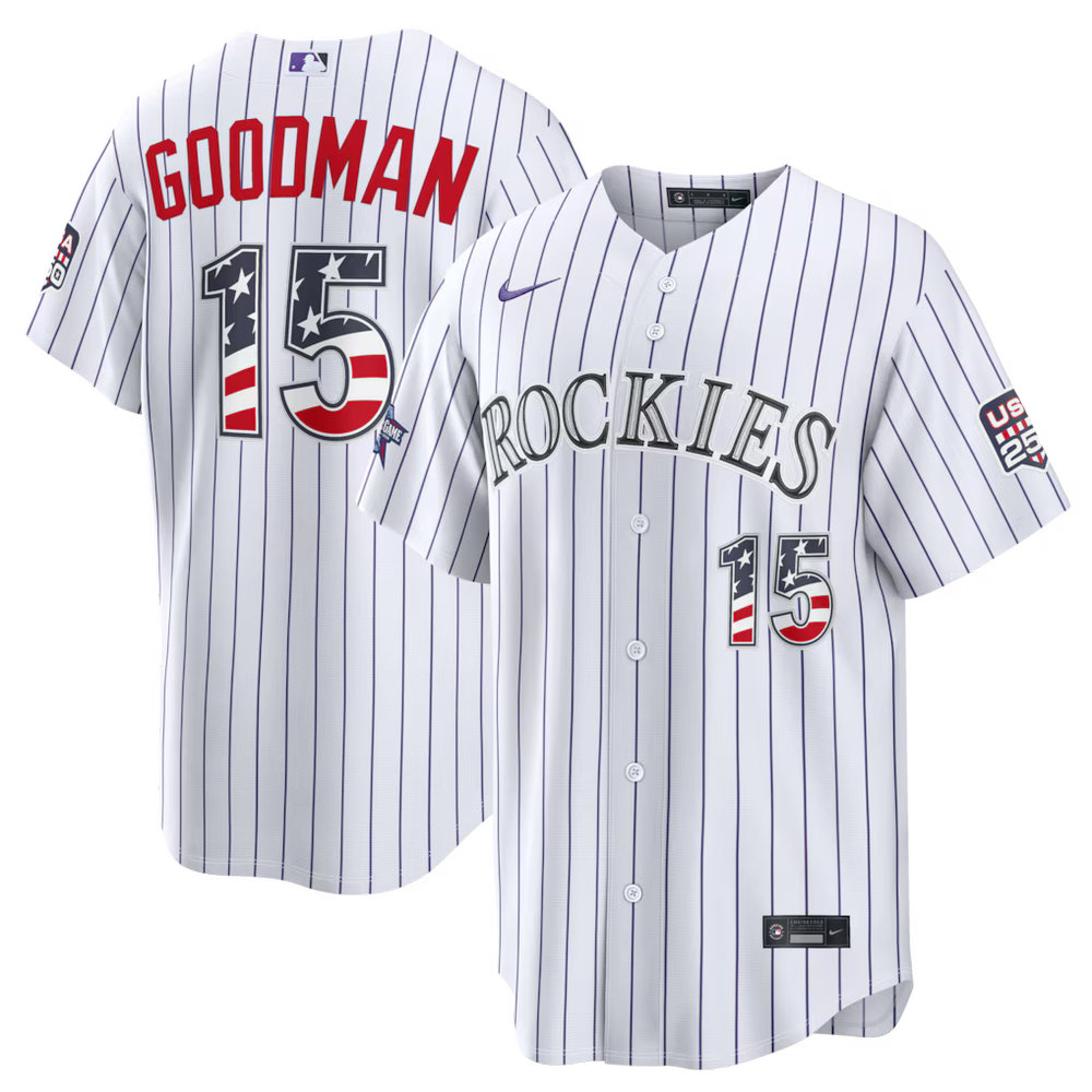 Youth Colorado Rockies #15 Hunter Goodman Nike White 2026 All-Star Edition Stars & Stripes Stadium Jersey
