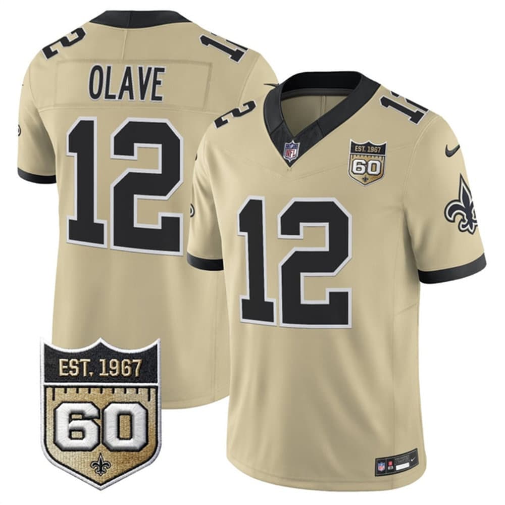 Men's New Orleans Saints #12 Chris Olave Gold 2026 60th Anniversary Patch Vapor F.U.S.E Limited Jersey