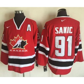 Team CA. #91 Joe Sakic Red/Black 2002 Olympic Throwback Stitched NHL Jersey