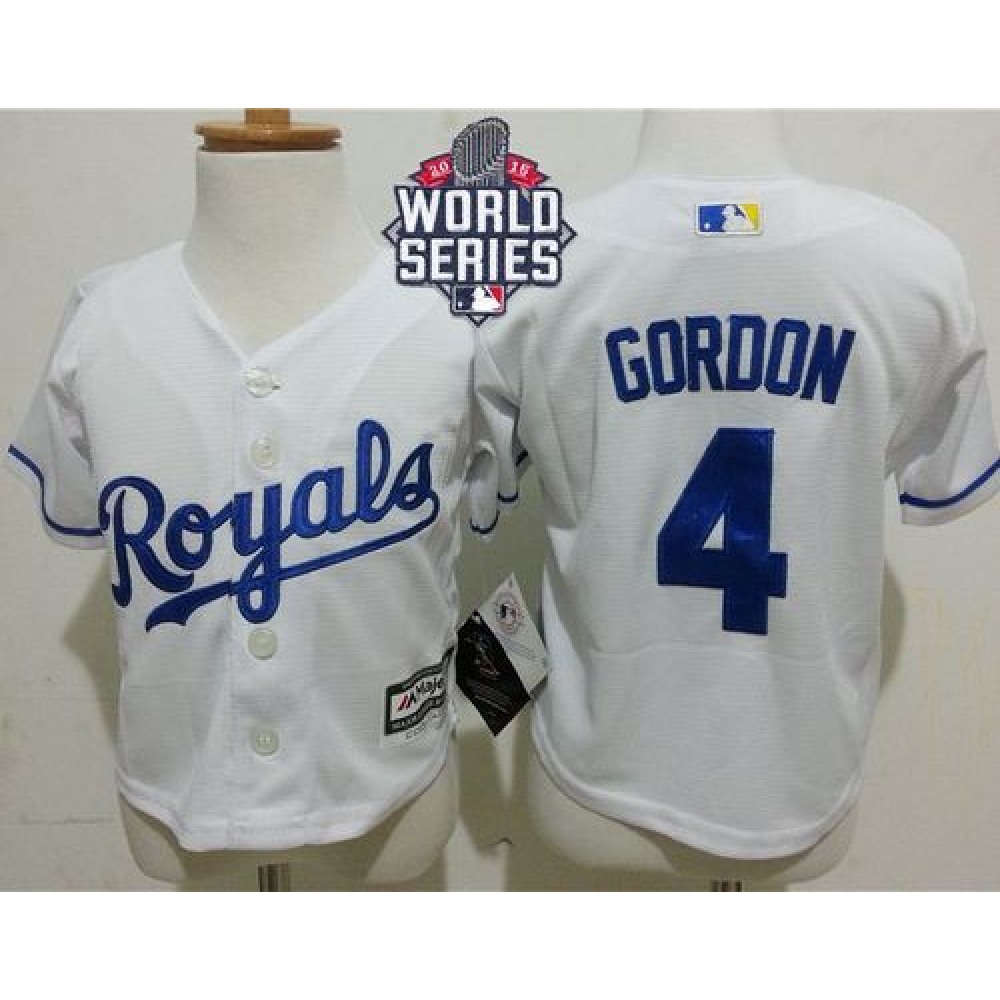 Toddler Royals #4 Alex Gordon White Cool Base W/2015 World Series Patch Stitched MLB Jersey