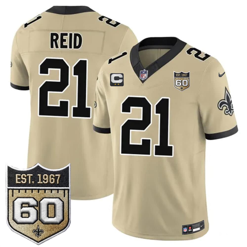 Men's New Orleans Saints #21 Justin Reid Gold 2026 With 2-Star C Patch And 60th Anniversary Patch Vapor F.U.S.E Limited Jersey
