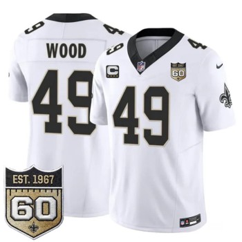 Men's New Orleans Saints #49 Zach Wood White 2026 With 4-Star C Patch And 60th Anniversary Patch Vapor F.U.S.E Limited Jersey Men's New Orleans Saints #49 Zach Wood White 2026 With 4-Star C Patch And 60th Anniversary Patch Vapor F.U.S.E Limited Jersey