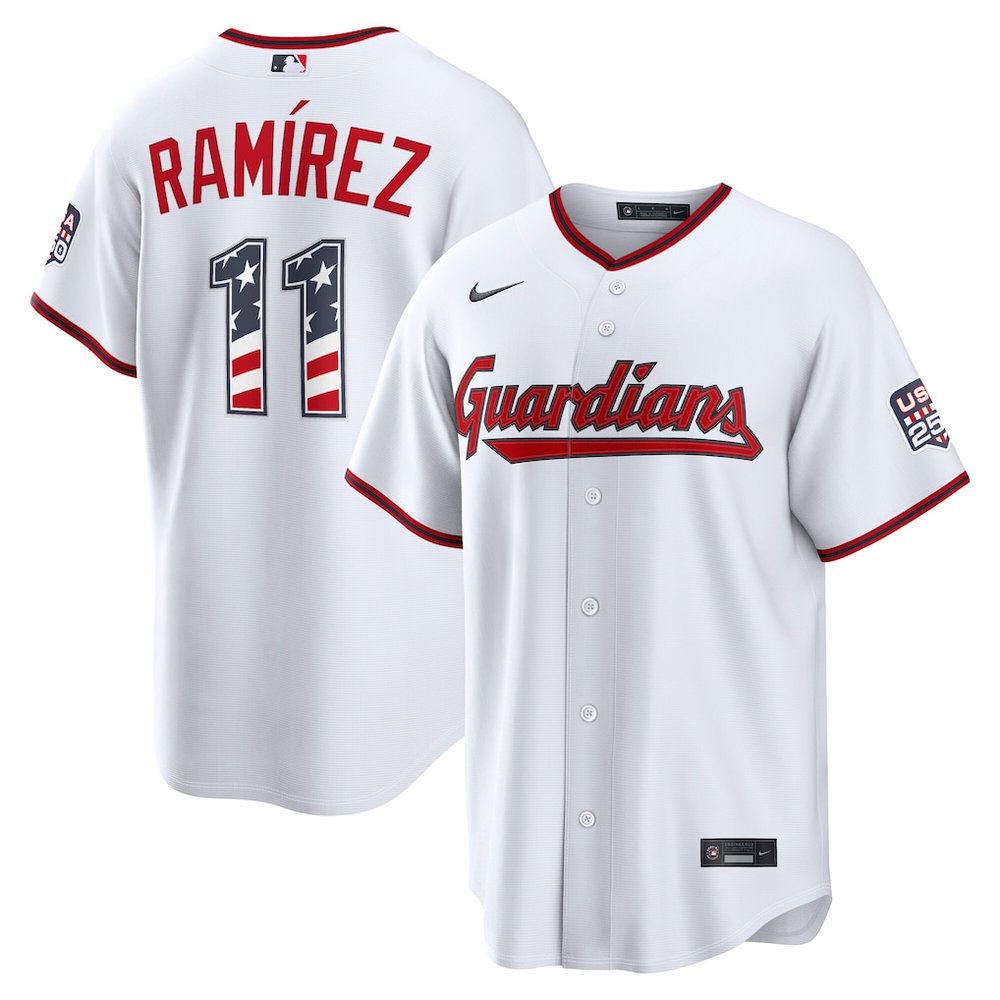 Men's Cleveland Guardians #11 Jose Ramirez Nike White USA 250 Fourth of July Home Stadium Jersey Men's Cleveland Guardians #11 Jose Ramirez Nike White USA 250 Fourth of July Home Stadium Jersey