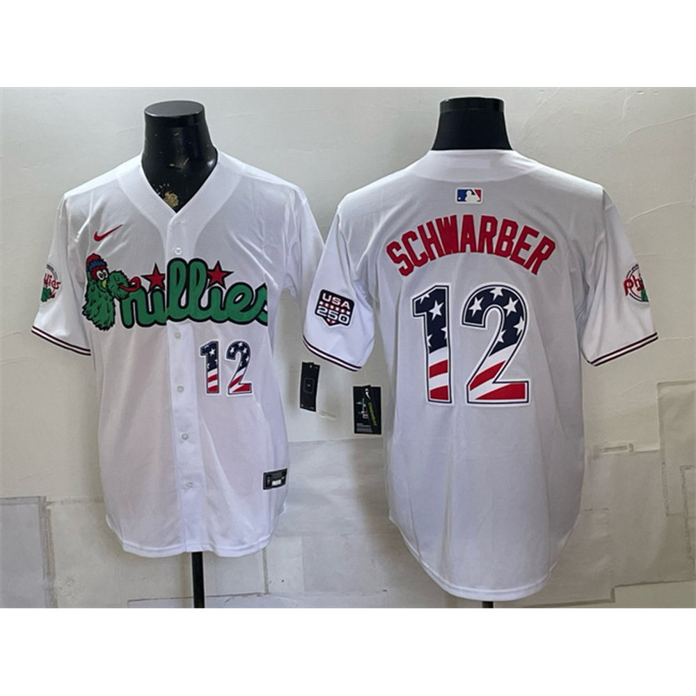 Men's Philadelphia Phillies #12 Kyle Schwarber White Phanatic USA 250 Fourth of July Jersey Men's Philadelphia Phillies #12 Kyle Schwarber White Phanatic USA 250 Fourth of July Jersey