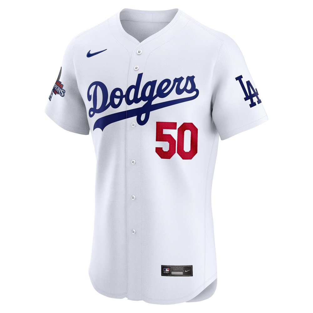 Men's Los Angeles Dodgers #50 Mookie Betts White 2024 World Series Champions Home Elite Player Jersey
