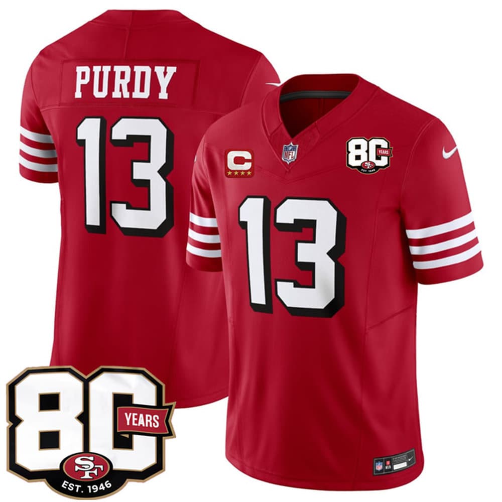 Men's San Francisco 49ers #13 Brock Purdy New Red 2026 With 80th Anniversary & 4-Star C Patch Vapor F.U.S.E. Untouchabl Limited Jersey