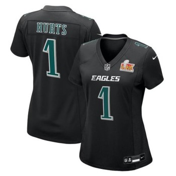 Women's Philadelphia Eagles #1 Jalen Hurts Carbon Black Super Bowl LIX Fashion Game Player Jersey Women's Philadelphia Eagles #1 Jalen Hurts Carbon Black Super Bowl LIX Fashion Game Player Jersey
