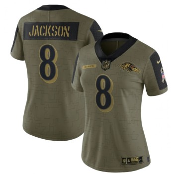 Women's Baltimore Ravens #8 Lamar Jackson 2021 Olive Salute To Service Limited Stitched Jersey(Run Small)