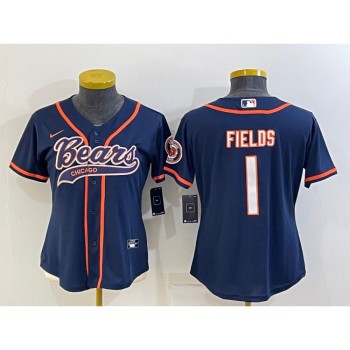 Women's Chicago Bears #1 Justin Fields Navy With Patch Cool Base Stitched Baseball Jersey(Run Small) Women's Chicago Bears #1 Justin Fields Navy With Patch Cool Base Stitched Baseball Jersey(Run Small)