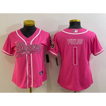 Women's Chicago Bears #1 Justin Fields Pink With Patch Cool Base Stitched Baseball Jersey(Run Small) Women's Chicago Bears #1 Justin Fields Pink With Patch Cool Base Stitched Baseball Jersey(Run Small)
