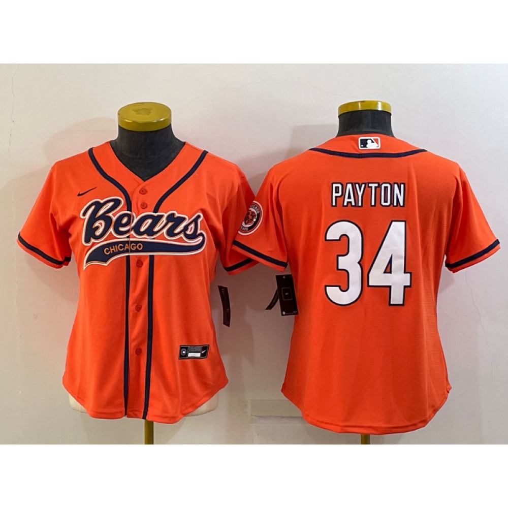 Women's Chicago Bears #34 Walter Payton Orange With Patch Cool Base Stitched Baseball Jersey(Run Small)