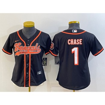 Women's Cincinnati Bengals #1 Ja'Marr Chase Black With Patch Cool Base Stitched Baseball Jersey(Run Small) Women's Cincinnati Bengals #1 Ja'Marr Chase Black With Patch Cool Base Stitched Baseball Jersey(Run Small)
