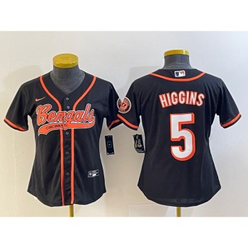 Women's Cincinnati Bengals #5 Tee Higgins Black With Patch Cool Base Stitched Baseball Jersey(Run Small) Women's Cincinnati Bengals #5 Tee Higgins Black With Patch Cool Base Stitched Baseball Jersey(Run Small)