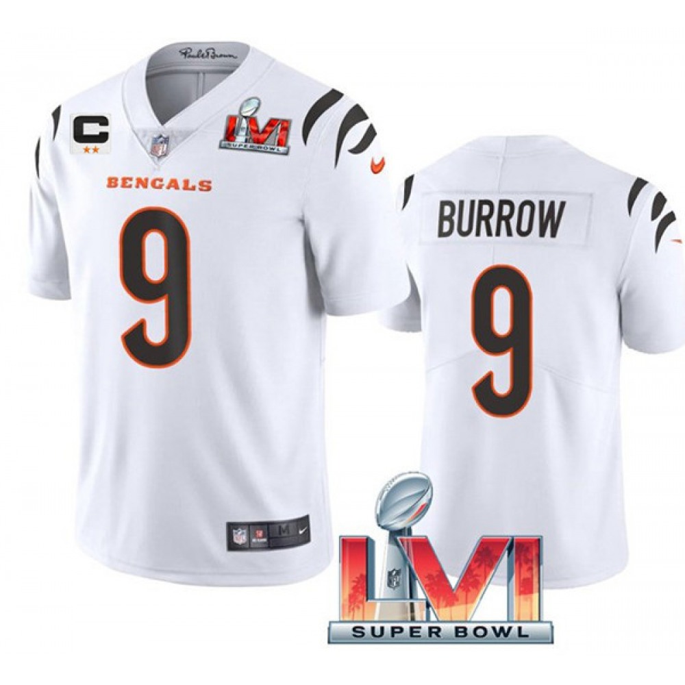 Women's Cincinnati Bengals #9 Joe Burrow 2022 White With C Patch Super Bowl LVI Vapor Limited Stitched Jersey(Run Small)