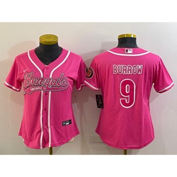 Women's Cincinnati Bengals #9 Joe Burrow Pink With Patch Cool Base Stitched Baseball Jersey(Run Small) Women's Cincinnati Bengals #9 Joe Burrow Pink With Patch Cool Base Stitched Baseball Jersey(Run Small)