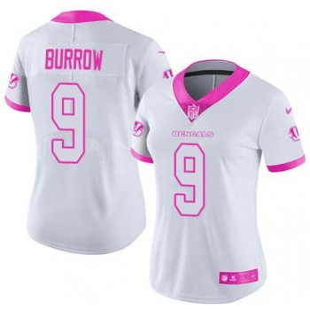 Women's Cincinnati Bengals #9 Joe Burrow White And Pink Vapor Stitched Jersey(Run Small) Women's Cincinnati Bengals #9 Joe Burrow White And Pink Vapor Stitched Jersey(Run Small)