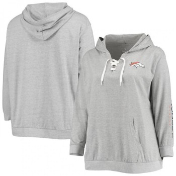 Women's Denver Broncos Heathered Gray Plus Size Lace-Up Pullover Hoodie Women's Denver Broncos Heathered Gray Plus Size Lace-Up Pullover Hoodie