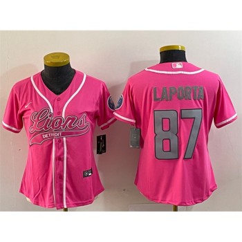 Women's Detroit Lions #87 Sam LaPorta Pink With Patch Cool Base Stitched Baseball Jersey(Run Small)