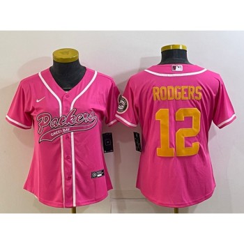 Women's Green Bay Packers #12 Aaron Rodgers Pink Gold With Patch Cool Base Stitched Baseball Jersey(Run Small) Women's Green Bay Packers #12 Aaron Rodgers Pink Gold With Patch Cool Base Stitched Baseball Jersey(Run Small)