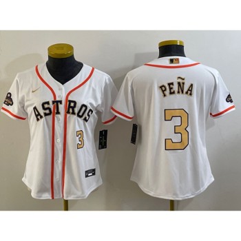 Women's Houston Astros #3 Jeremy Pena White 2023 Gold Collection With World Serise Champions Patch Stitched Jersey(Run Small) Women's Houston Astros #3 Jeremy Pena White 2023 Gold Collection With World Serise Champions Patch Stitched Jersey(Run Small)