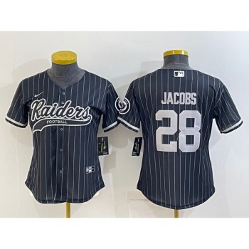Women's Las Vegas Raiders #28 Josh Jacobs Black With Patch Cool Base Stitched Baseball Jersey(Run Small) Women's Las Vegas Raiders #28 Josh Jacobs Black With Patch Cool Base Stitched Baseball Jersey(Run Small)