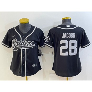 Women's Las Vegas Raiders #28 Josh Jacobs Black With Patch Cool Base Stitched Baseball Jersey(Run Small) Women's Las Vegas Raiders #28 Josh Jacobs Black With Patch Cool Base Stitched Baseball Jersey(Run Small)