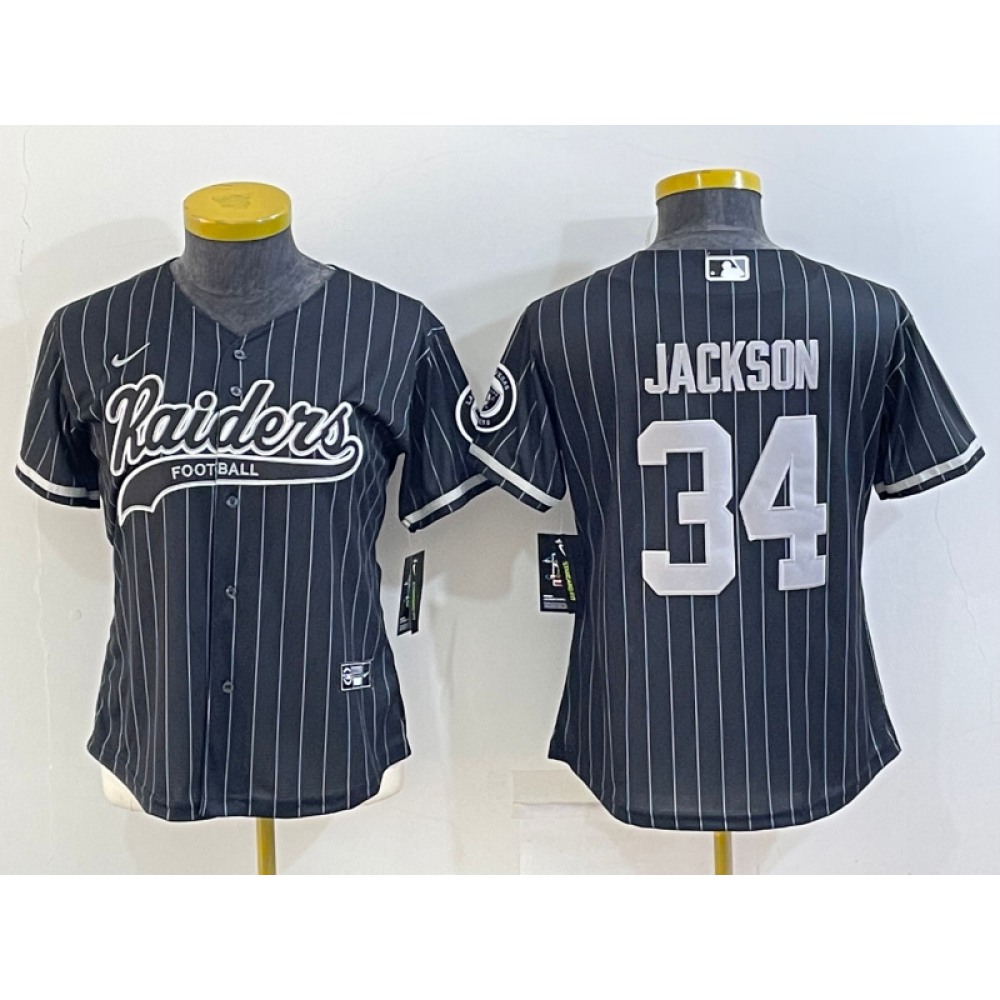 Women's Las Vegas Raiders #34 Bo Jackson Black With Patch Cool Base Stitched Baseball Jersey(Run Small)