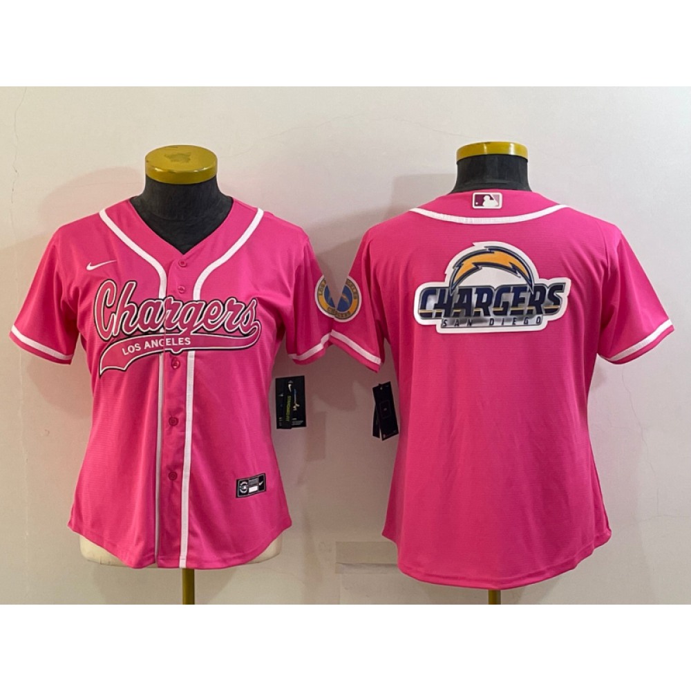 Women's Los Angeles Chargers Pink Team Big Logo With Patch Cool Base Stitched Baseball Jersey(Run Small)