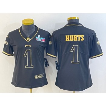Women's Philadelphia Eagles #1 Jalen Hurts Black Golden Edition Super Bowl LVII Patch Stitched Football Jersey(Run Small) Women's Philadelphia Eagles #1 Jalen Hurts Black Golden Edition Super Bowl LVII Patch Stitched Football Jersey(Run Small)