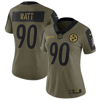 Women's Pittsburgh Steelers #90 T. J. Watt 2021 Olive Salute To Service Limited Stitched Jersey(Run Small) Women's Pittsburgh Steelers #90 T. J. Watt 2021 Olive Salute To Service Limited Stitched Jersey(Run Small)