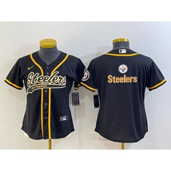Women's Pittsburgh Steelers Black Team Big Logo With Patch Cool Base Stitched Baseball Jersey(Run Small) Women's Pittsburgh Steelers Black Team Big Logo With Patch Cool Base Stitched Baseball Jersey(Run Small)