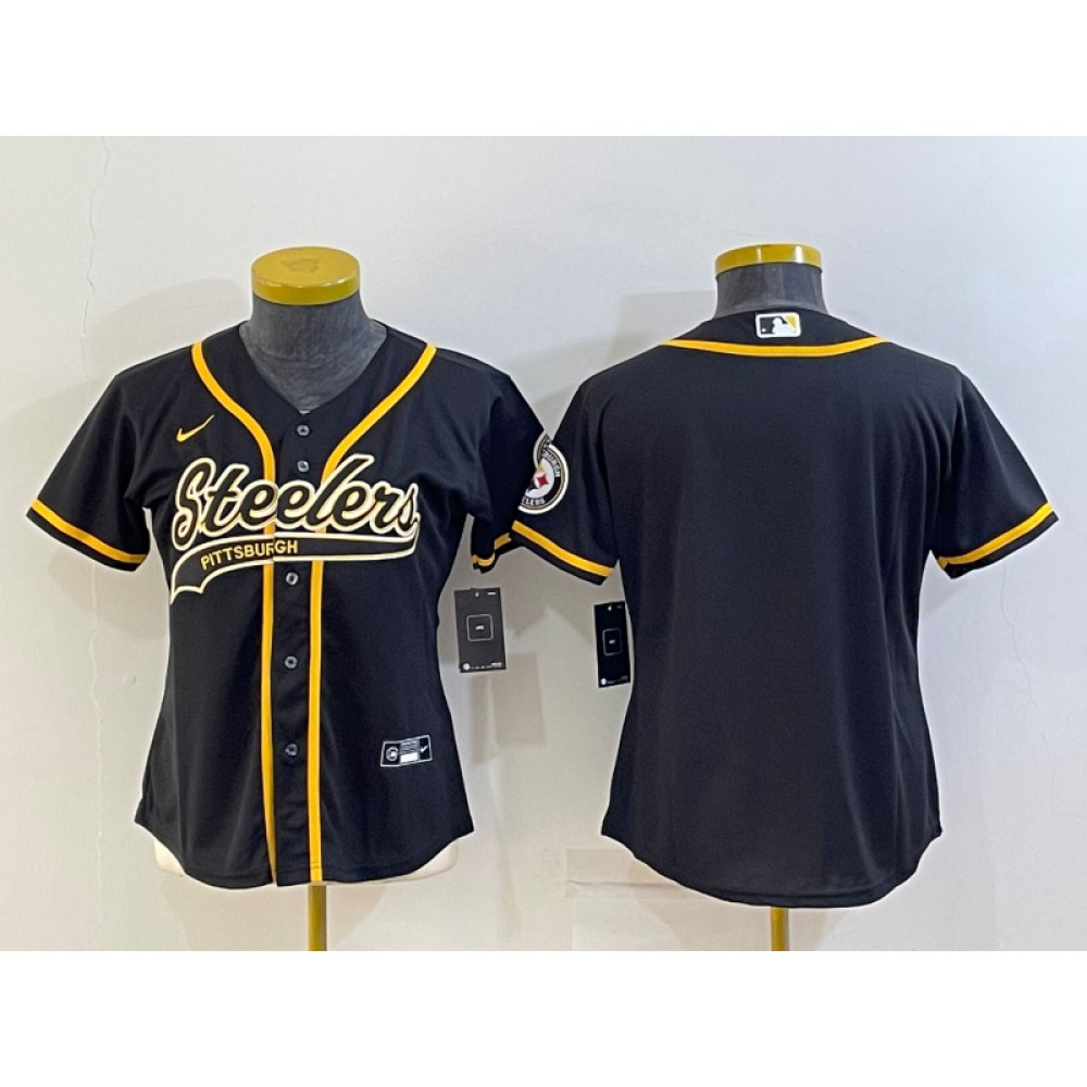 Women's Pittsburgh Steelers Blank Black With Patch Cool Base Stitched Baseball Jersey(Run Small)