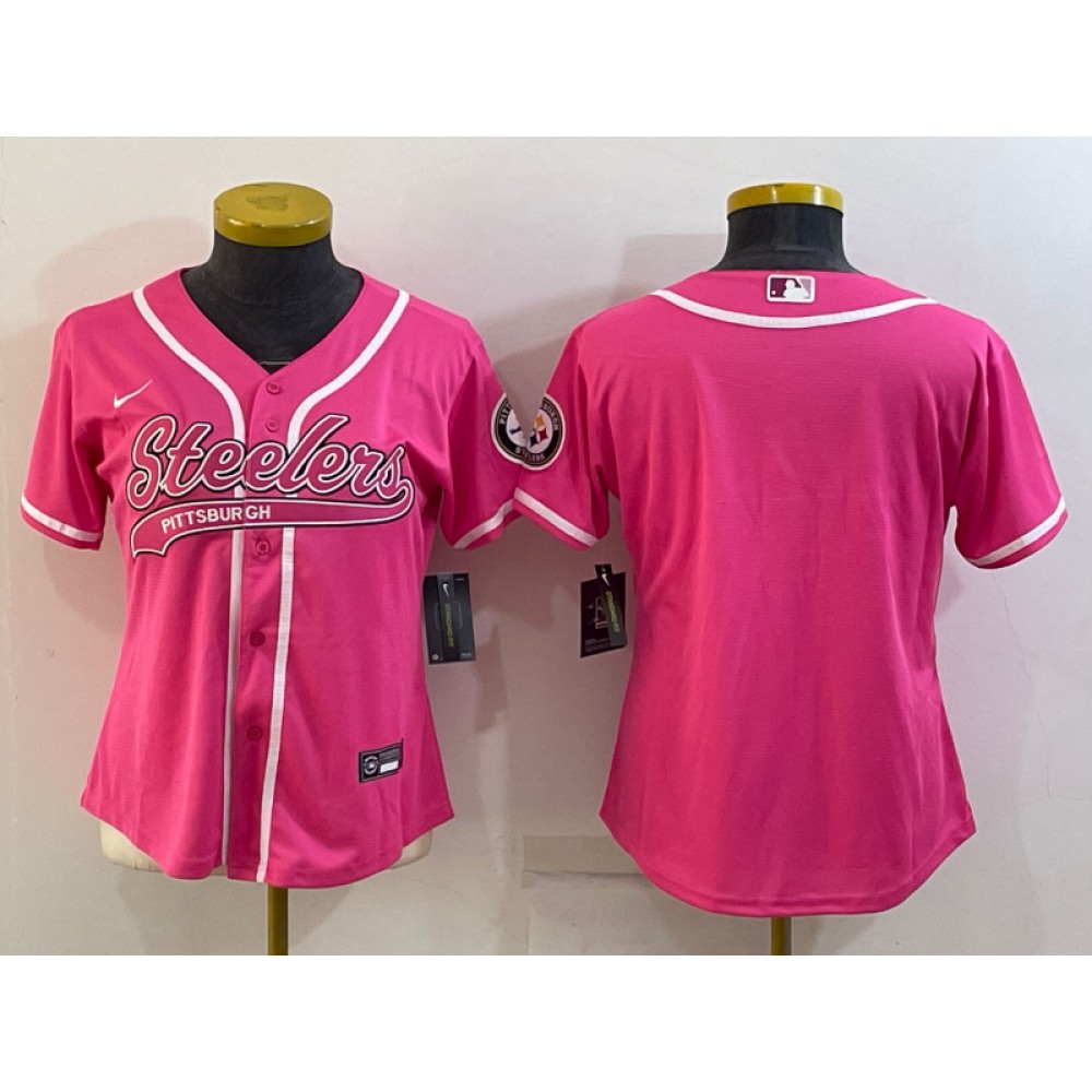 Women's Pittsburgh Steelers Blank Pink With Patch Cool Base Stitched Baseball Jersey(Run Small)