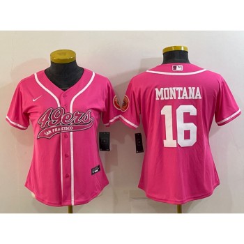 Women's San Francisco 49ers #16 Joe Montana Pink With Patch Cool Base Stitched Baseball Jersey(Run Small) Women's San Francisco 49ers #16 Joe Montana Pink With Patch Cool Base Stitched Baseball Jersey(Run Small)