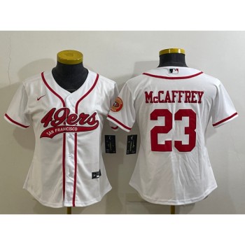 Women's San Francisco 49ers #23 Christian McCaffrey White With Patch Cool Base Stitched Baseball Jersey(Run Small) Women's San Francisco 49ers #23 Christian McCaffrey White With Patch Cool Base Stitched Baseball Jersey(Run Small)