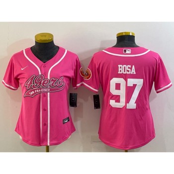 Women's San Francisco 49ers #97 Nick Bosa Pink With Patch Cool Base Stitched Baseball Jersey(Run Small) Women's San Francisco 49ers #97 Nick Bosa Pink With Patch Cool Base Stitched Baseball Jersey(Run Small)