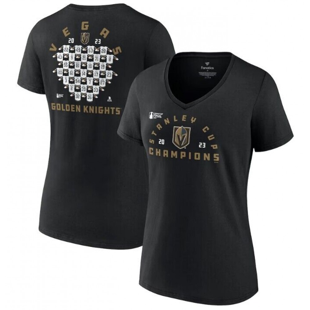 Women's Vegas Golden Knights Black 2023 Stanley Cup Champions Jersey Roster V-Neck T-Shirt