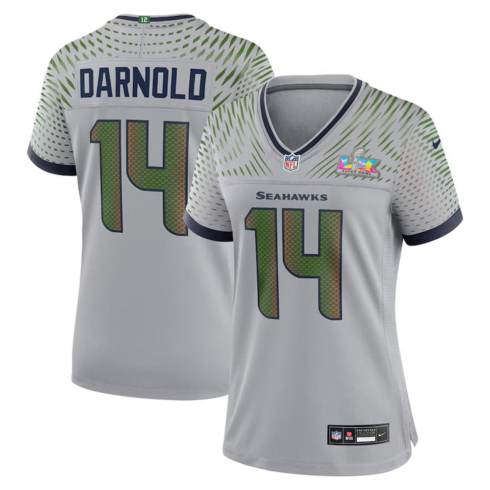 Women's Seattle Seahawks #14 Sam Darnold Gray Super Bowl LX Rivalries Collection Game Stitched Jersey Women's Seattle Seahawks #14 Sam Darnold Gray Super Bowl LX Rivalries Collection Game Stitched Jersey