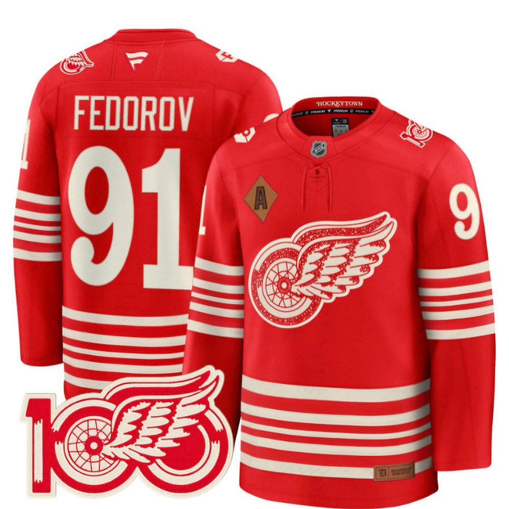 Men's Detroit Red Wings #91 Sergei Fedorov Red 2025 Centennial Premium With 100 and P Patch And A Patch Stitched Hockey Premium Jersey
