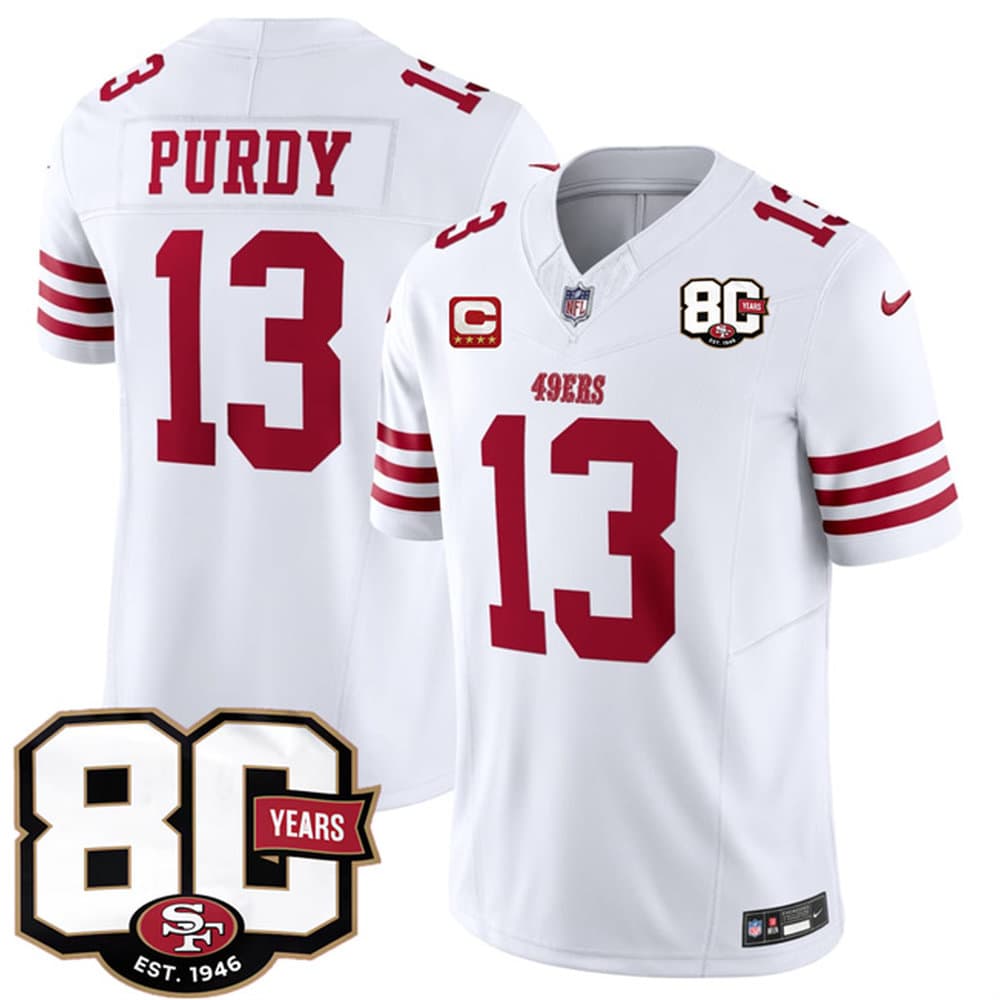 Men's San Francisco 49ers #13 Brock Purdy White 2026 With 80th Anniversary & 4-Star C Patch Vapor F.U.S.E. Untouchabl Limited Jersey