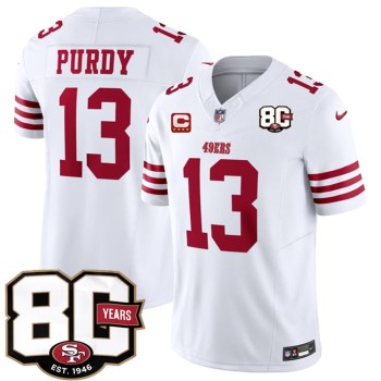 Men's San Francisco 49ers #13 Brock Purdy White 2026 With 80th Anniversary & 4-Star C Patch Vapor F.U.S.E. Untouchabl Limited Jersey