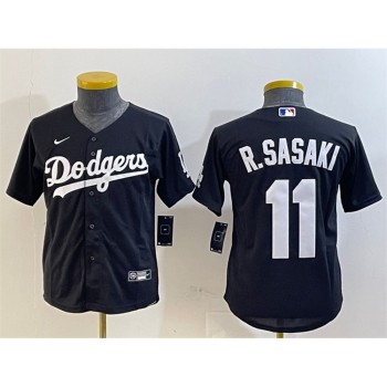 Youth Los Angeles Dodgers #11 Roki Sasaki Black Cool Base Stitched Baseball Jersey Youth Los Angeles Dodgers #11 Roki Sasaki Black Cool Base Stitched Baseball Jersey